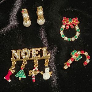 Set 4 Christmas Rhinestone Cluster Pins Brooch Wreath+ Avon Snowmen Earrings Vtg